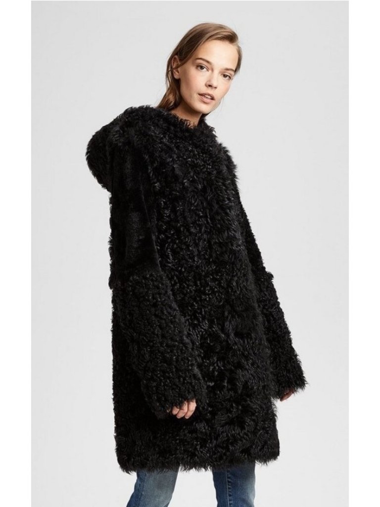 Theory Reversible Shearling Coat Womens M Black Suede Hooded Pockets